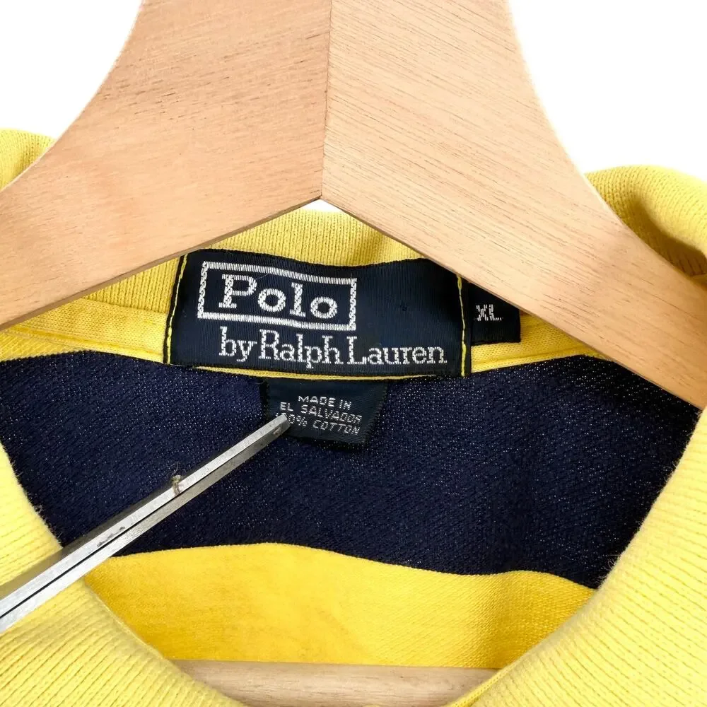 Vintage 90s Polo Ralph Lauren Yellow Navy 100% Cotton Striped Polo Shirt